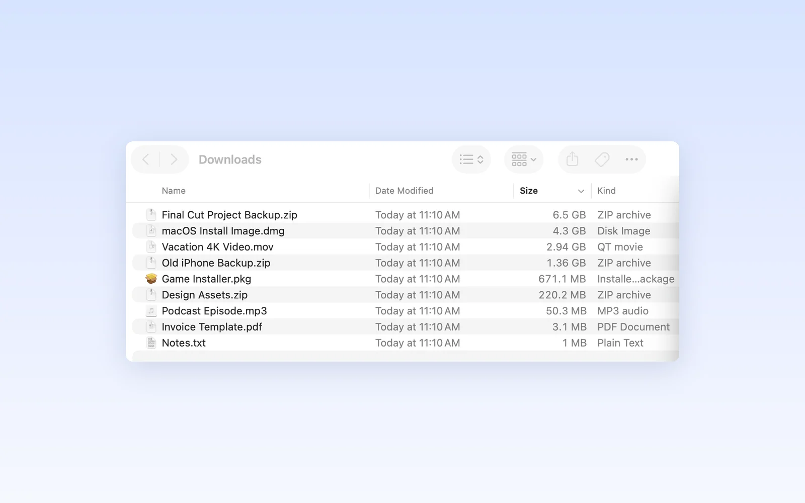 Finder list view of the Downloads folder sorted by Size, with the largest files first.