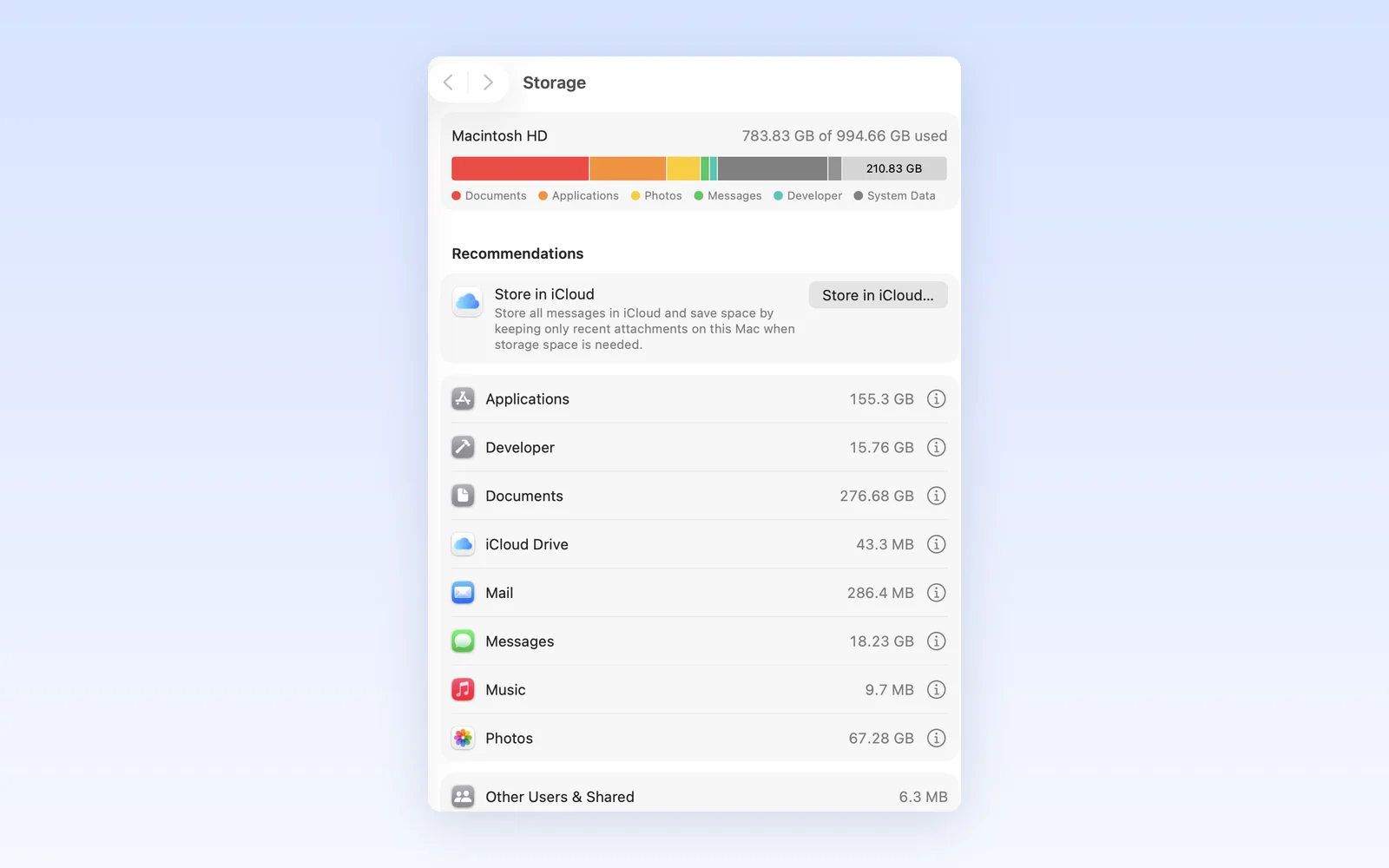 macOS Storage settings showing the Macintosh HD usage bar with used and available space, and storage used by Applications, Documents, Photos, and other categories.