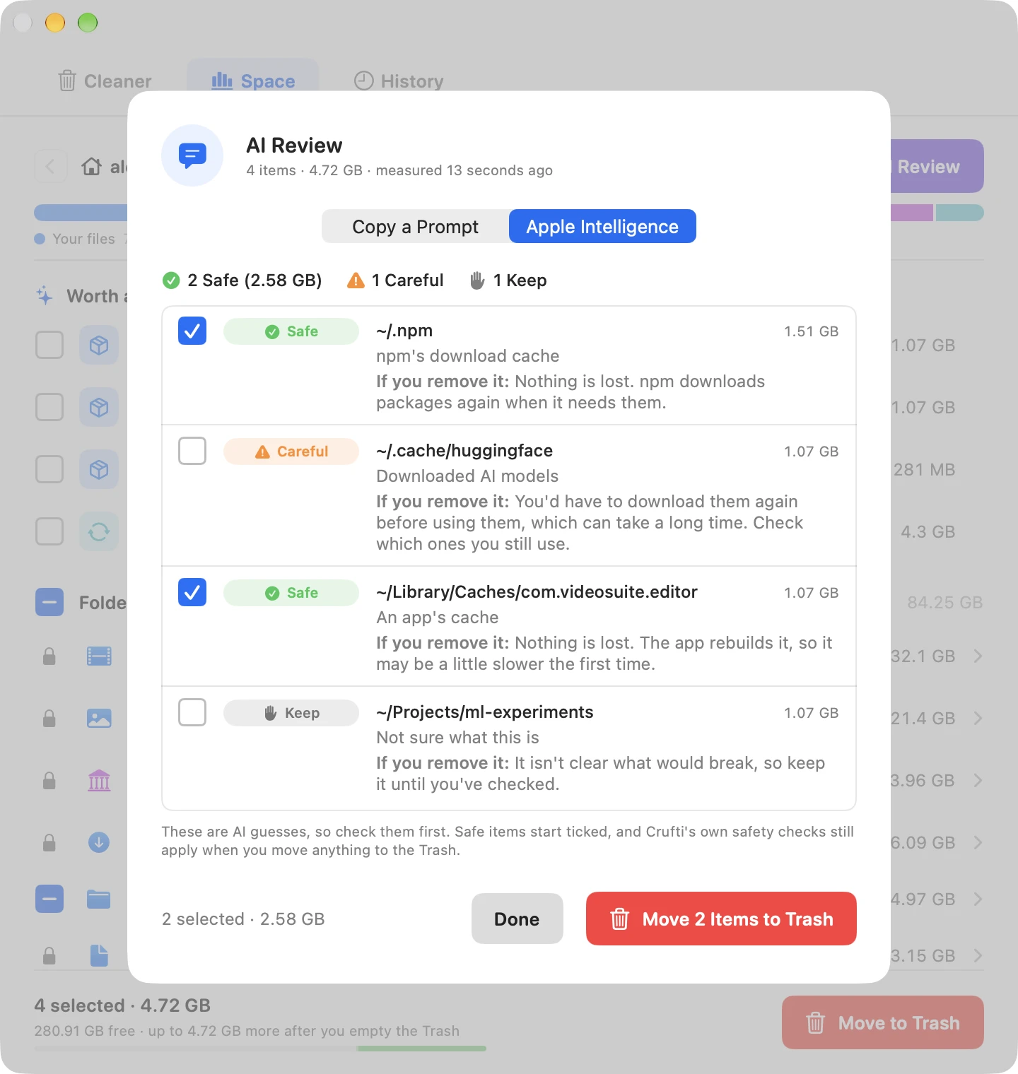 Crufti's AI Review sheet showing a ready-made prompt that describes the selected items, with Copy Prompt and Done buttons