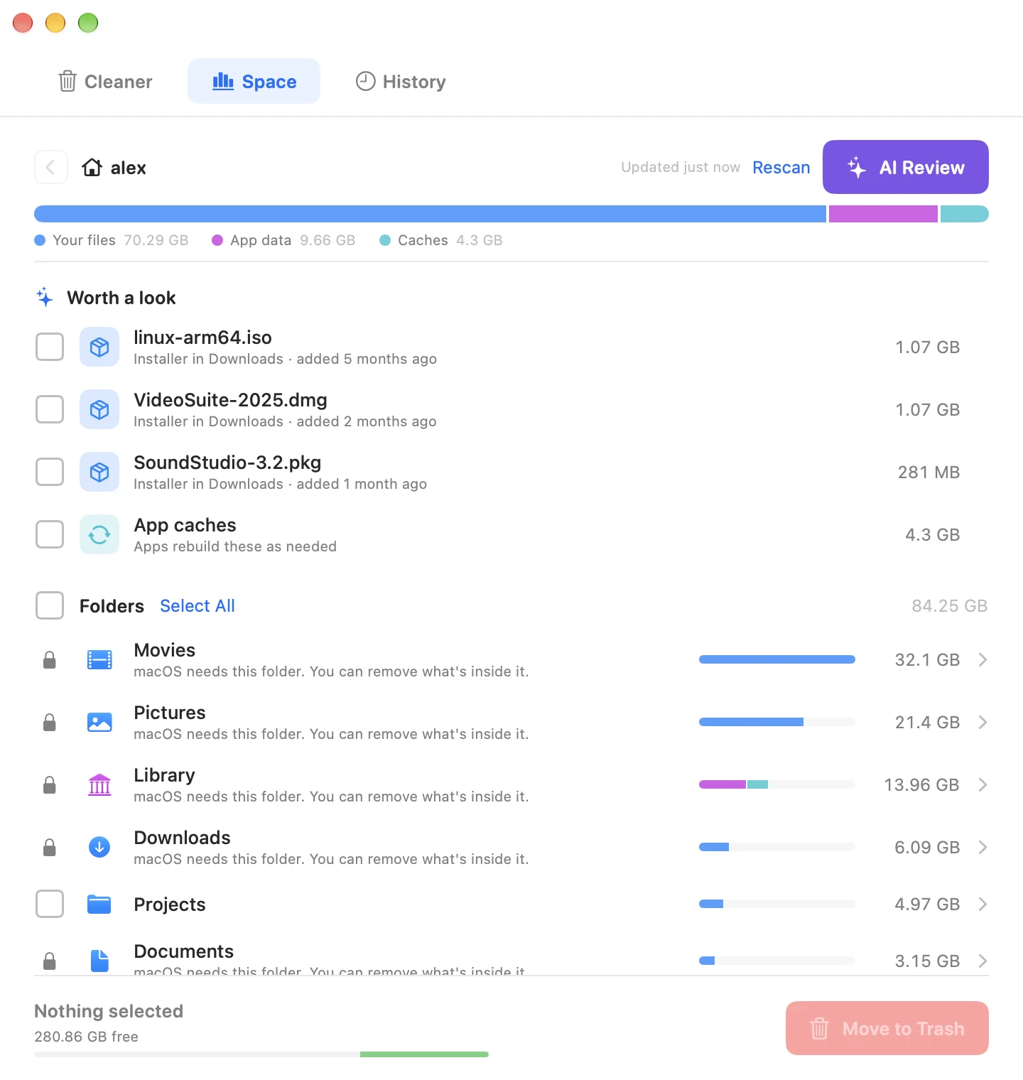 Crufti's Space tab listing the folders in a Home folder by size, with an AI Review button in the header